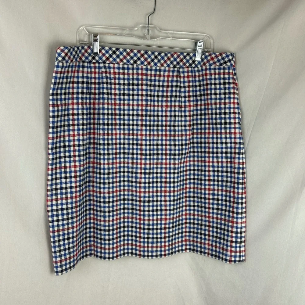 Talbots Women 16 Plaid Mini Skirt Blue Red Check Cotton Blend Pockets NWT